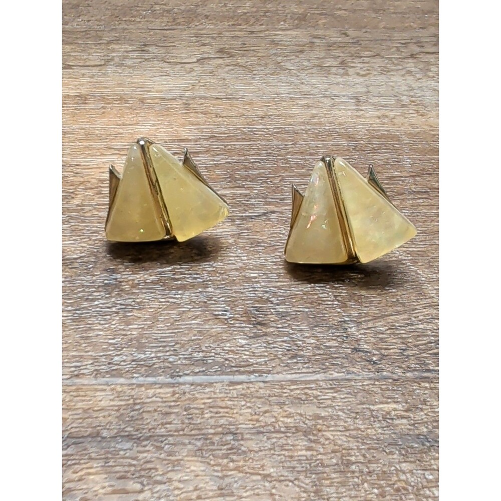 Vintage Coro Faux Opal Clip On Earrings Gold Tone Triangular Iridescent Cream